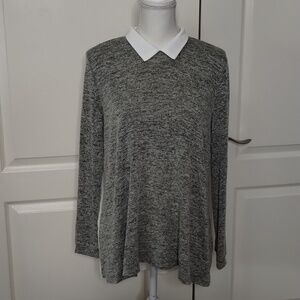 LUSH Women's Blouse Medium Gray White Long Sleeve Sheer Back Stretch